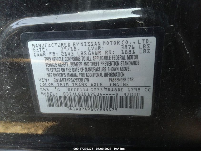 2019 NISSAN SENTRA S/SV/SR/SL - 3N1AB7AP5KY238179
