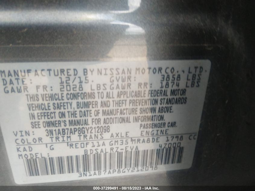 2016 NISSAN SENTRA S/SV/SR/SL - 3N1AB7AP8GY212098
