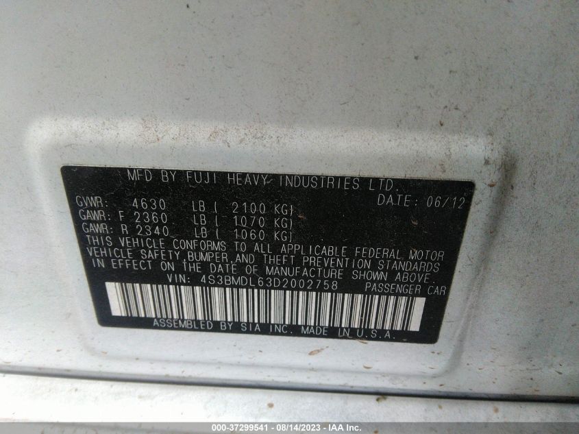 2013 SUBARU LEGACY 3.6R LIMITED - 4S3BMDL63D2002758