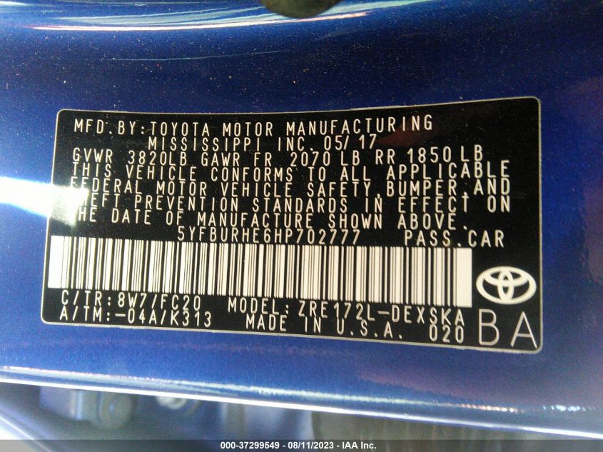 2017 TOYOTA COROLLA L/LE/XLE/SE/XSE - 5YFBURHE6HP702777