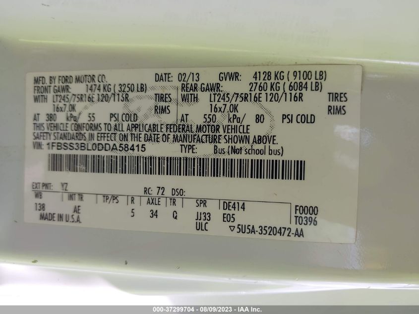 2013 FORD ECONOLINE WAGON XL/XLT 1FBSS3BL0DDA58415