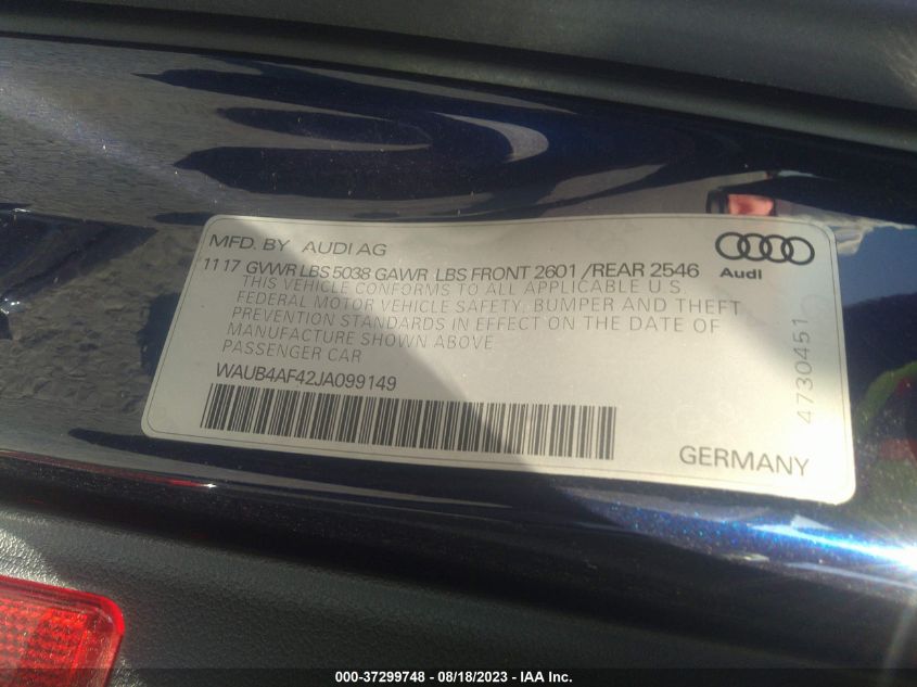 2018 AUDI S4 PREMIUM PLUS - WAUB4AF42JA099149