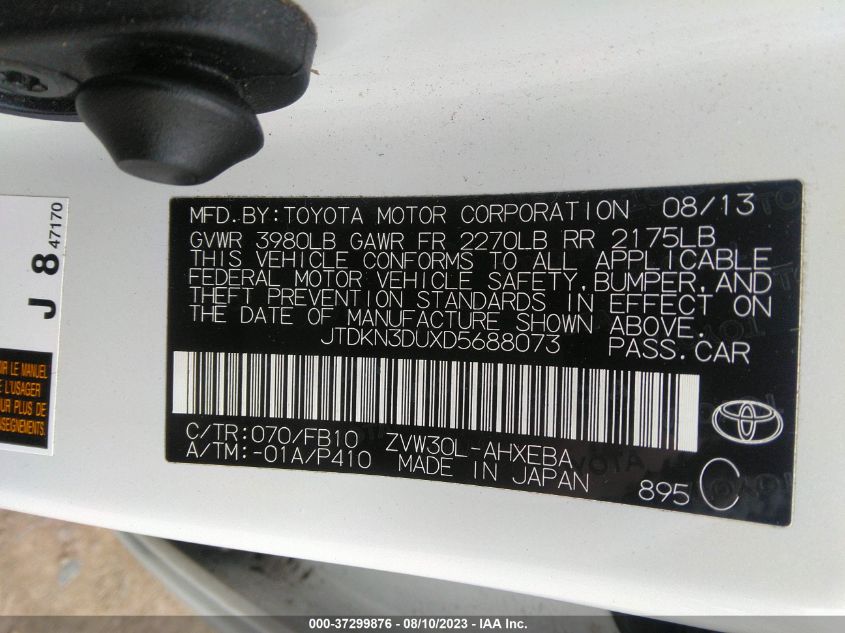2013 TOYOTA PRIUS ONE/TWO/THREE/FOUR/FIVE - JTDKN3DUXD5688073