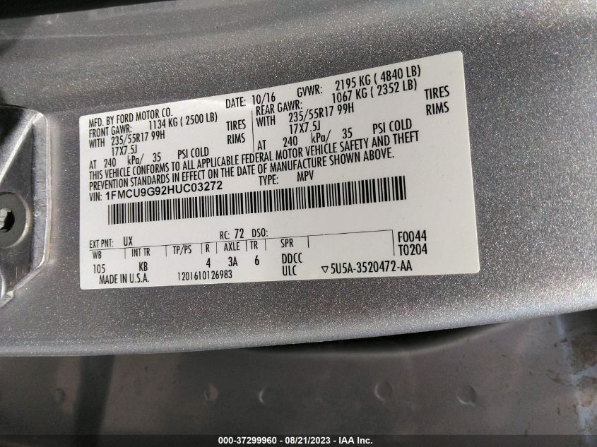 2017 FORD ESCAPE SE - 1FMCU9G92HUC03272