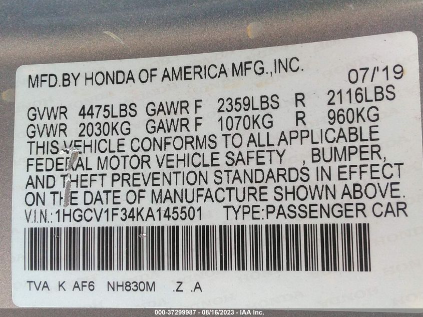 2019 HONDA ACCORD SEDAN SPORT 1.5T - 1HGCV1F34KA145501