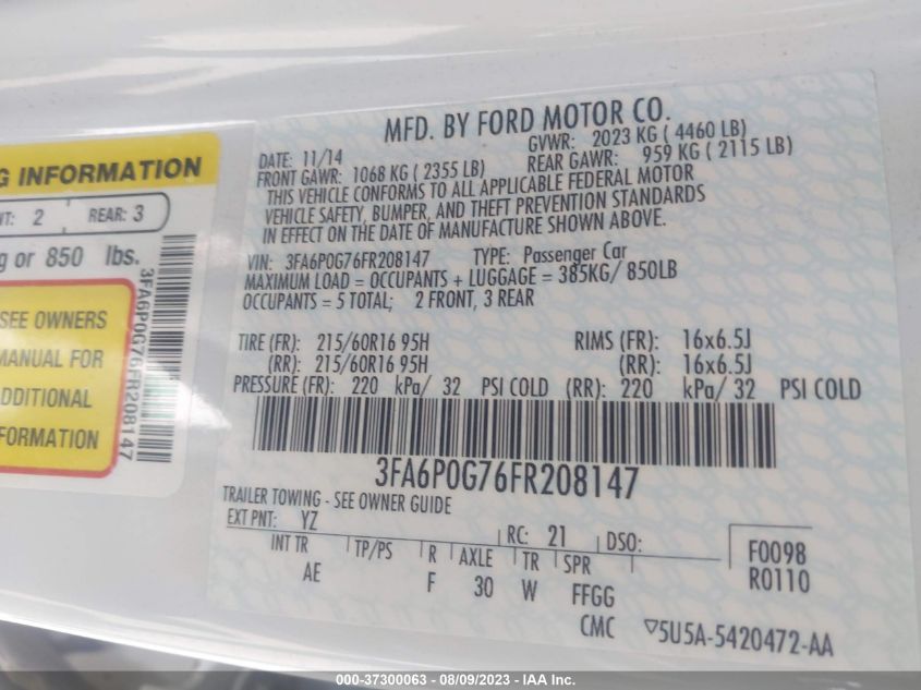 2015 FORD FUSION S - 3FA6P0G76FR208147