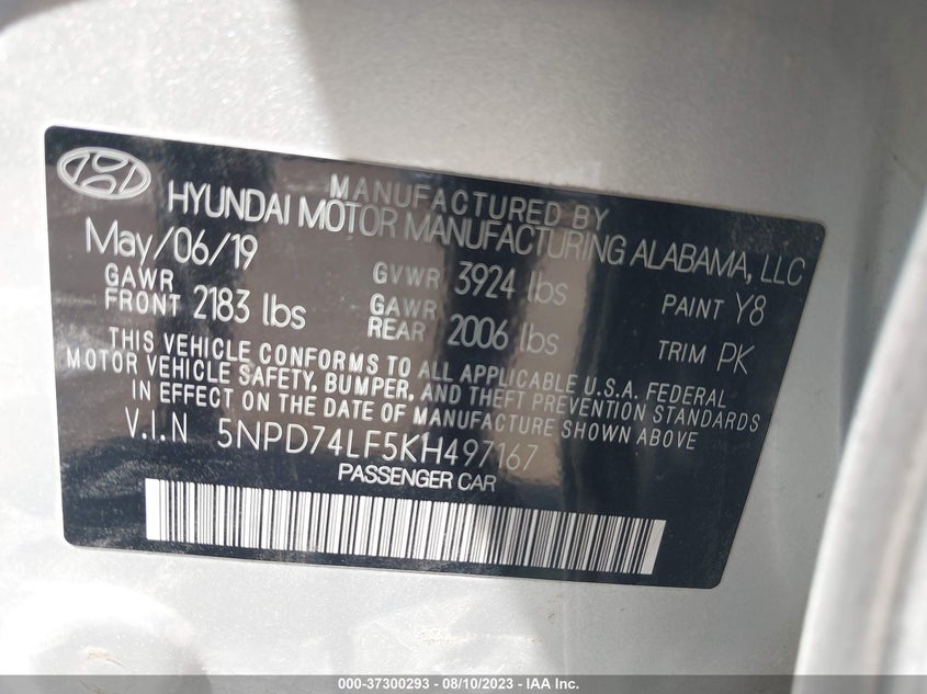 VIN 5NPD74LF5KH497167 2019 HYUNDAI ELANTRA SE