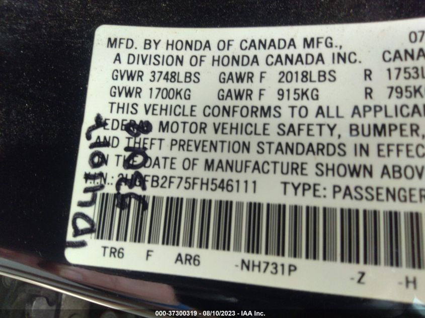 2015 HONDA CIVIC SE - 2HGFB2F75FH546111