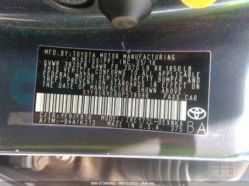 2016 TOYOTA COROLLA L/LE/S/S PLUS/LE PLUS - 5YFBURHE6GP518986