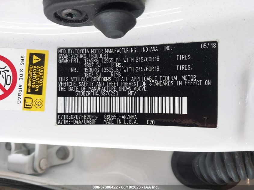 2018 TOYOTA HIGHLANDER LE - 5TDBZRFHXJS876220