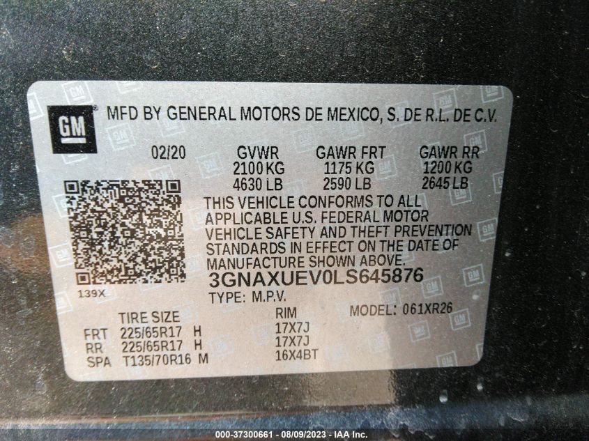 2020 CHEVROLET EQUINOX LT - 3GNAXUEV0LS645876