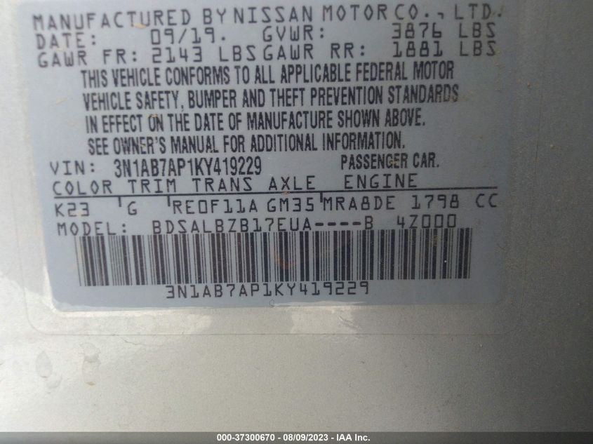 2019 NISSAN SENTRA S/SV/SR/SL - 3N1AB7AP1KY419229
