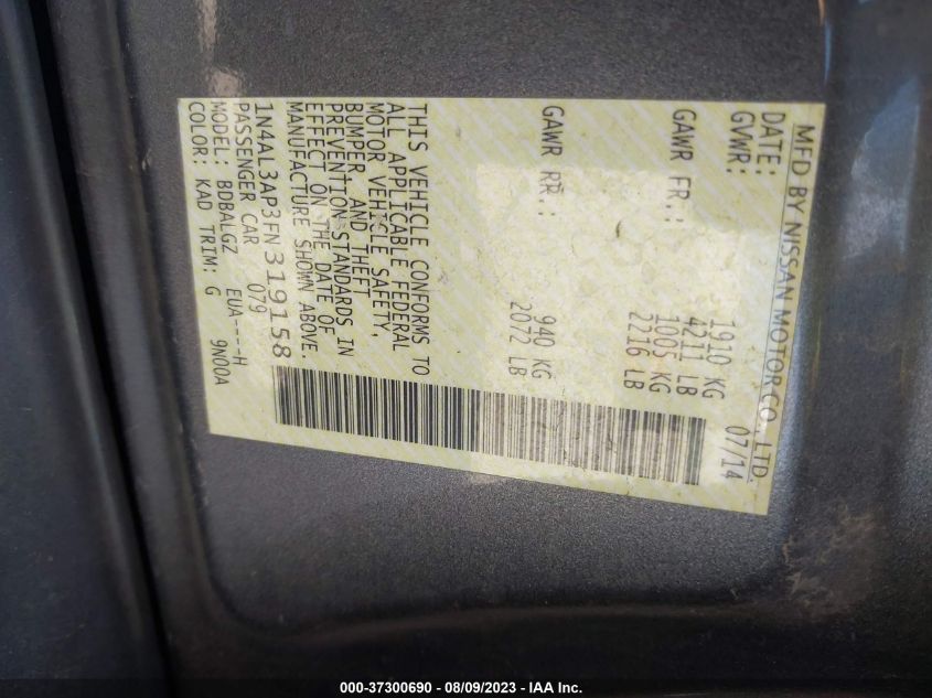 2015 NISSAN ALTIMA 2.5 S - 1N4AL3AP3FN319158