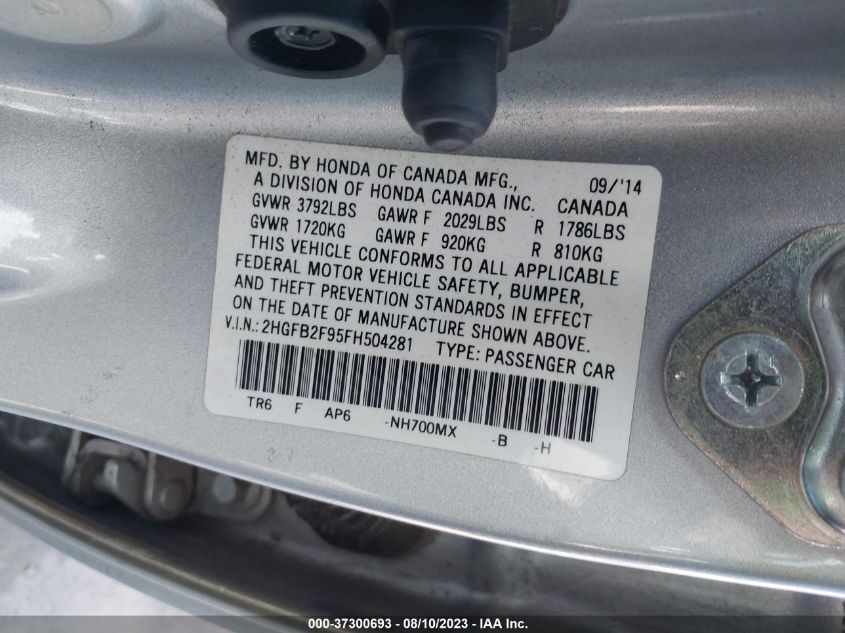 2015 HONDA CIVIC SEDAN EX-L - 2HGFB2F95FH504281
