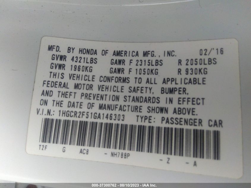 2016 HONDA ACCORD SEDAN SPORT - 1HGCR2F51GA146303
