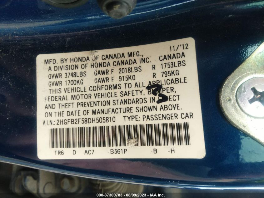 2013 HONDA CIVIC SDN LX - 2HGFB2F58DH505810