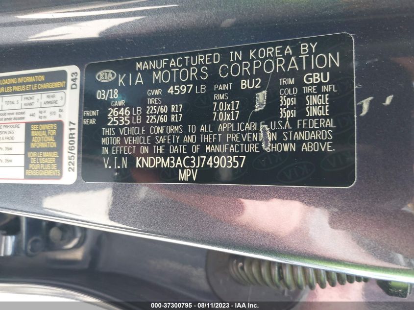 2018 KIA SPORTAGE LX - KNDPM3AC3J7490357
