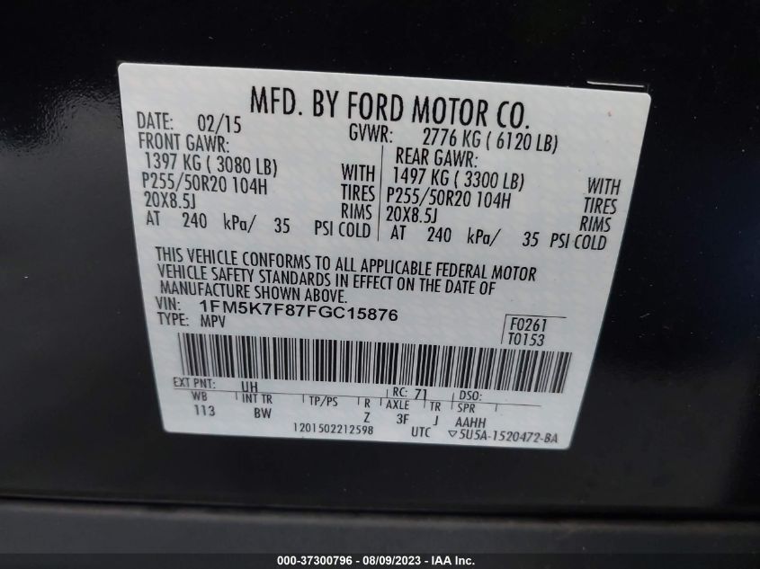 2015 FORD EXPLORER LIMITED - 1FM5K7F87FGC15876