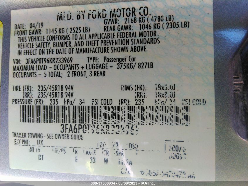 2019 FORD FUSION SE - 3FA6P0T96KR233969