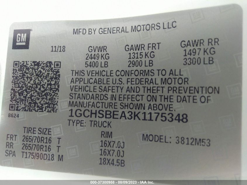 2019 CHEVROLET COLORADO 2WD WORK TRUCK - 1GCHSBEA3K1175348