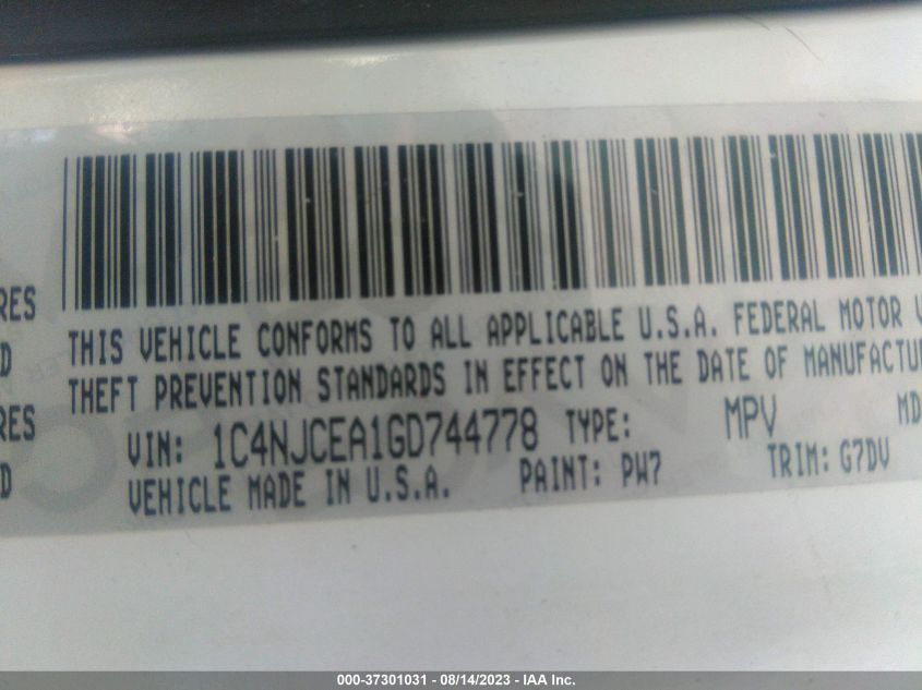 2016 JEEP COMPASS LATITUDE - 1C4NJCEA1GD744778