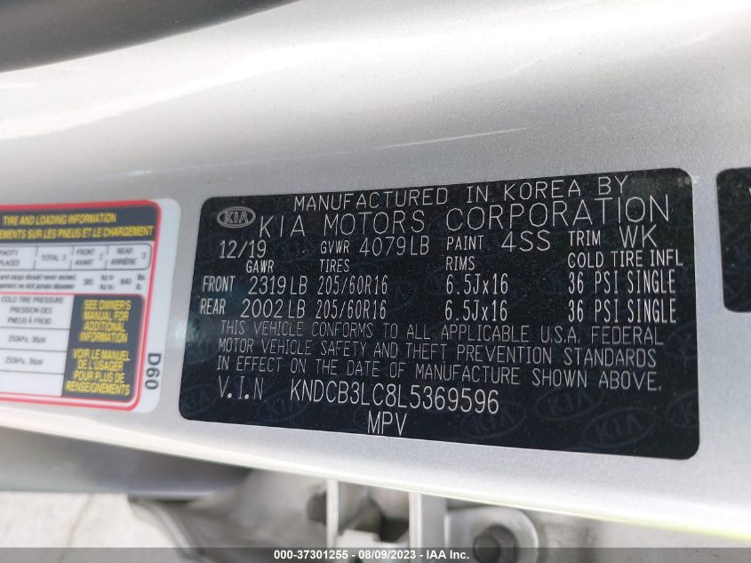 VIN KNDCB3LC8L5369596 2020 KIA NIRO LX