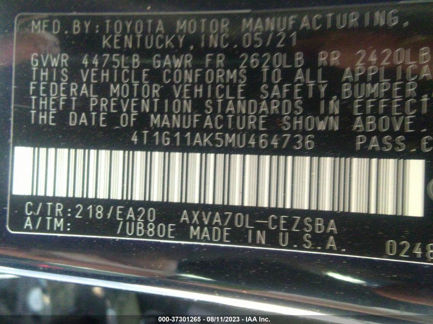 2021 TOYOTA CAMRY SE - 4T1G11AK5MU464736