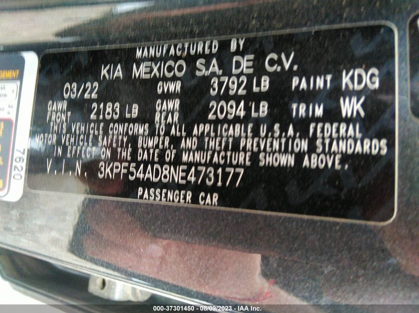 2022 KIA FORTE GT-LINE - 3KPF54AD8NE473177