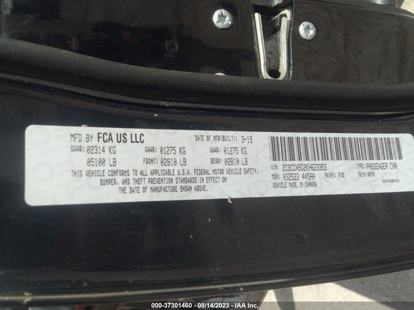 VIN 2C3CDXBG2KH623353 2019 DODGE CHARGER SXT