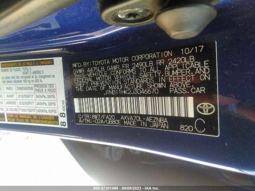2018 TOYOTA CAMRY LE/SE/XLE/L - JTNB11HK2J3046670