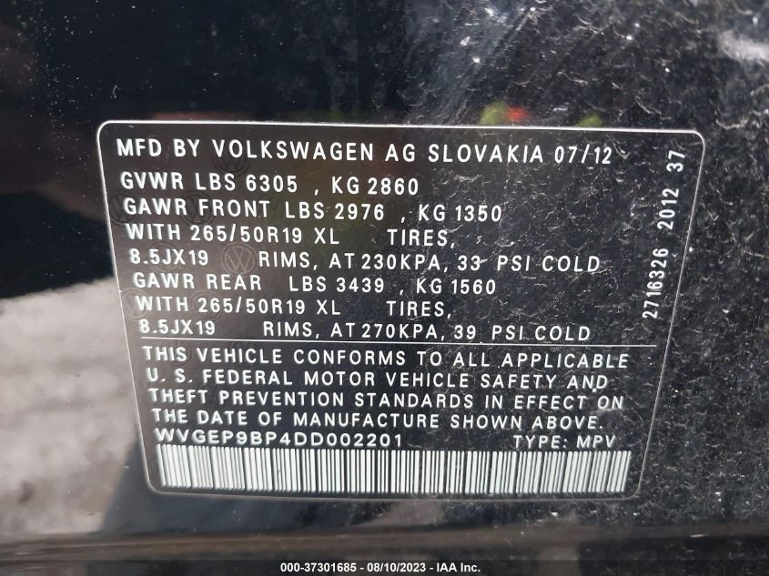 2013 VOLKSWAGEN TOUAREG LUX - WVGEP9BP4DD002201