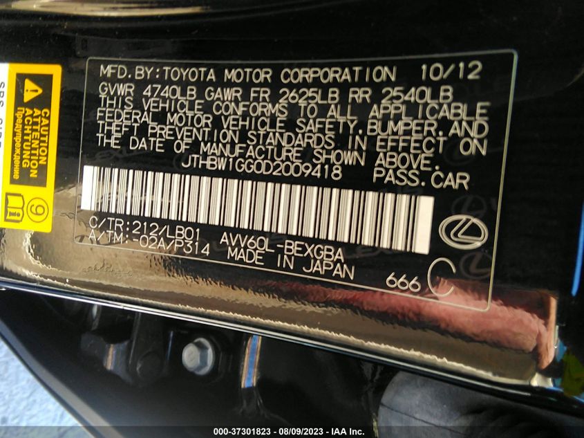 2013 LEXUS ES 300H HYBRID JTHBW1GG0D2009418