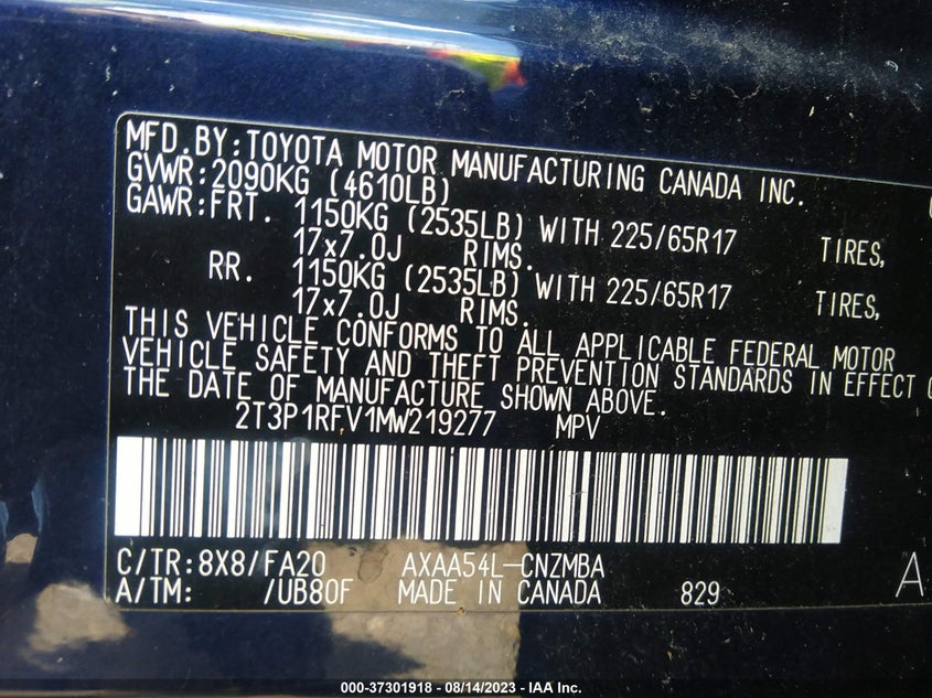 VIN 2T3P1RFV1MW219277 2021 TOYOTA RAV4 XLE