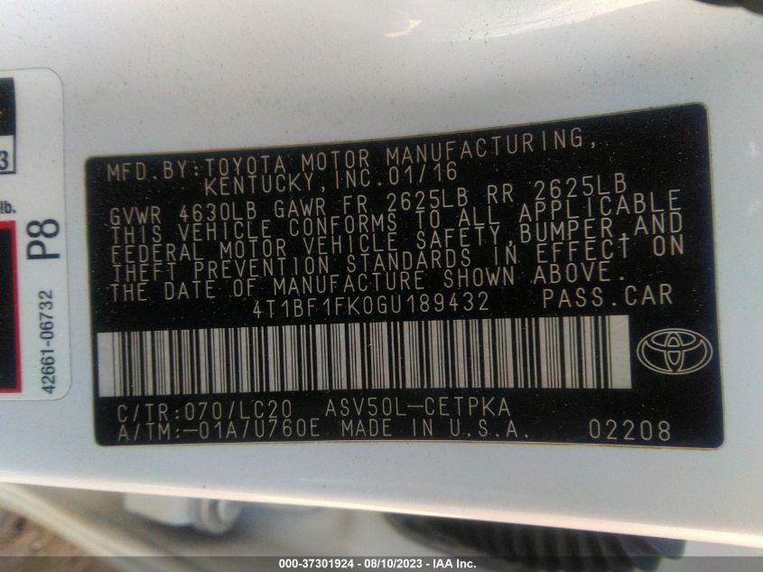 2016 TOYOTA CAMRY XLE/SE/LE/XSE - 4T1BF1FK0GU189432