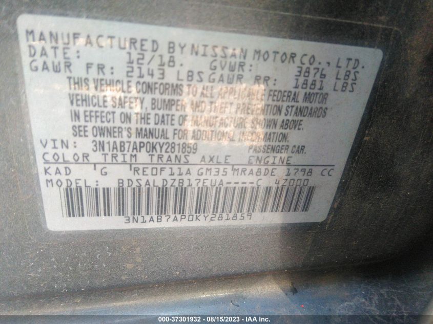 3N1AB7AP0KY281859 Nissan Sentra SV 9