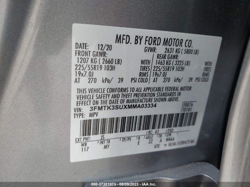 VIN 3FMTK3SUXMMA03334 2021 FORD MUSTANG MACH-E PREMIUM