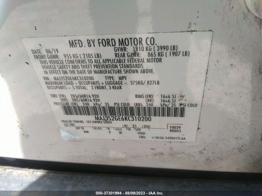 2019 FORD ECOSPORT SE - MAJ3S2GE6KC310200