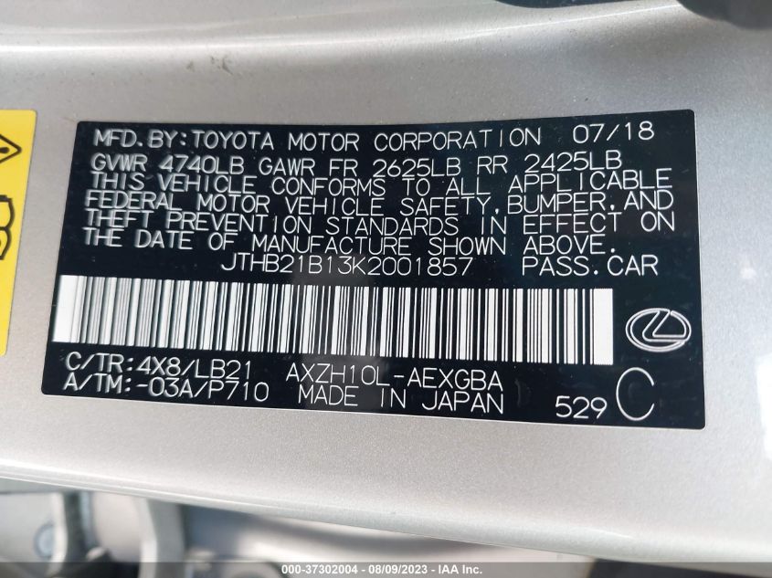2019 LEXUS ES ES 300H - JTHB21B13K2001857