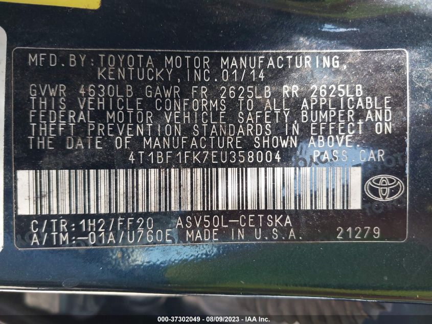 2014 TOYOTA CAMRY L/LE/XLE/SE/SE SPORT - 4T1BF1FK7EU358004