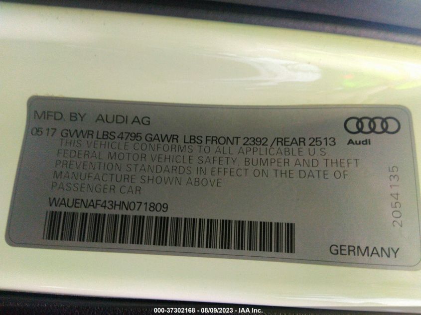 2017 AUDI A4 PREMIUM PLUS - WAUENAF43HN071809