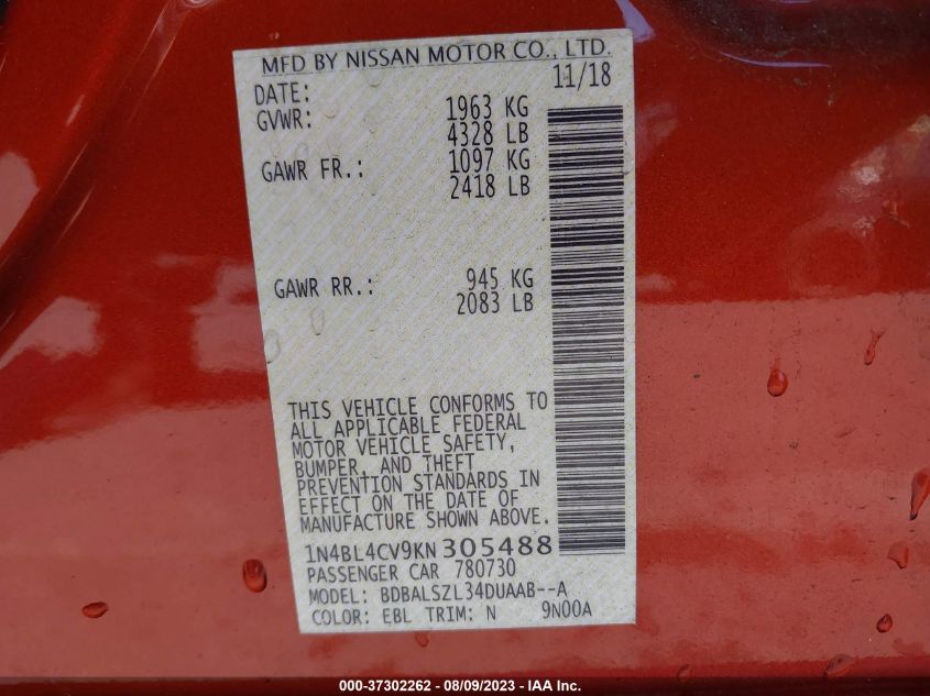 2019 NISSAN ALTIMA 2.5 SR - 1N4BL4CV9KN305488