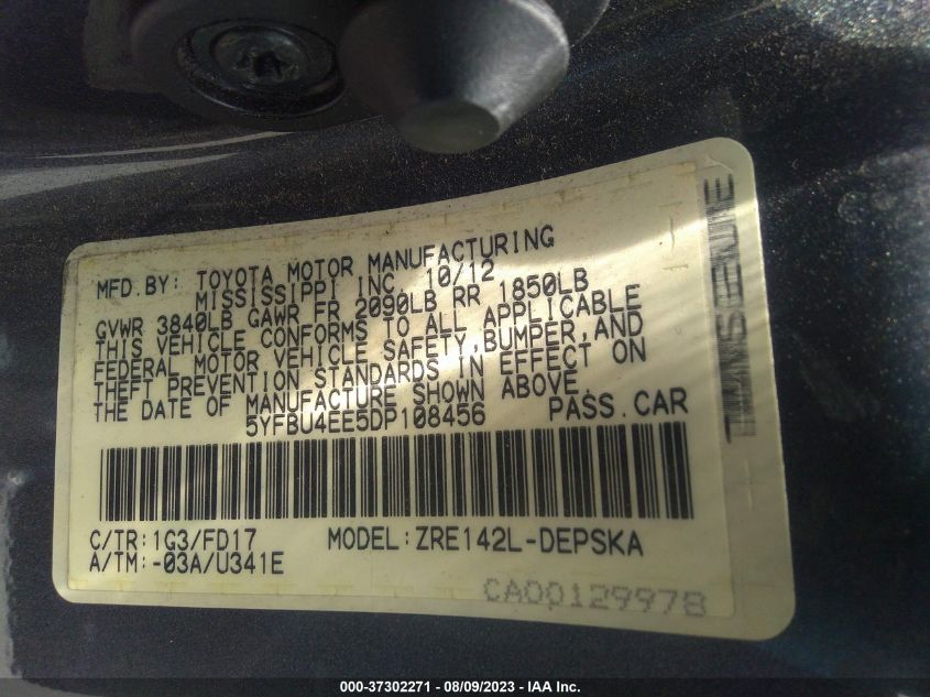 2013 TOYOTA COROLLA S - 5YFBU4EE5DP108456
