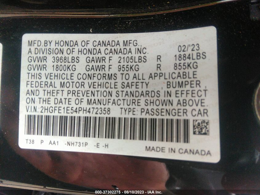 2023 HONDA CIVIC SI 2HGFE1E54PH472358