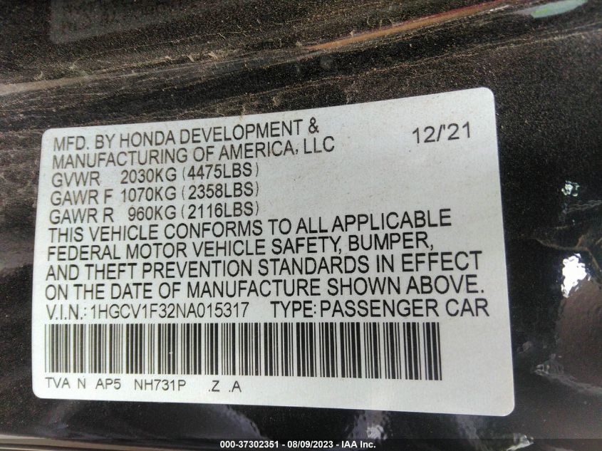 2022 HONDA ACCORD SEDAN SPORT - 1HGCV1F32NA015317
