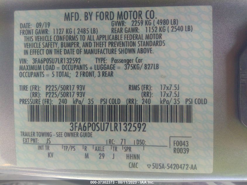 2020 FORD FUSION ENERGI TITANIUM - 3FA6P0SU7LR132592