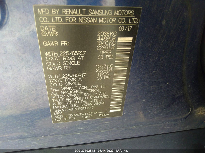 VIN KNMAT2MT7HP568647 2017 NISSAN ROGUE SV