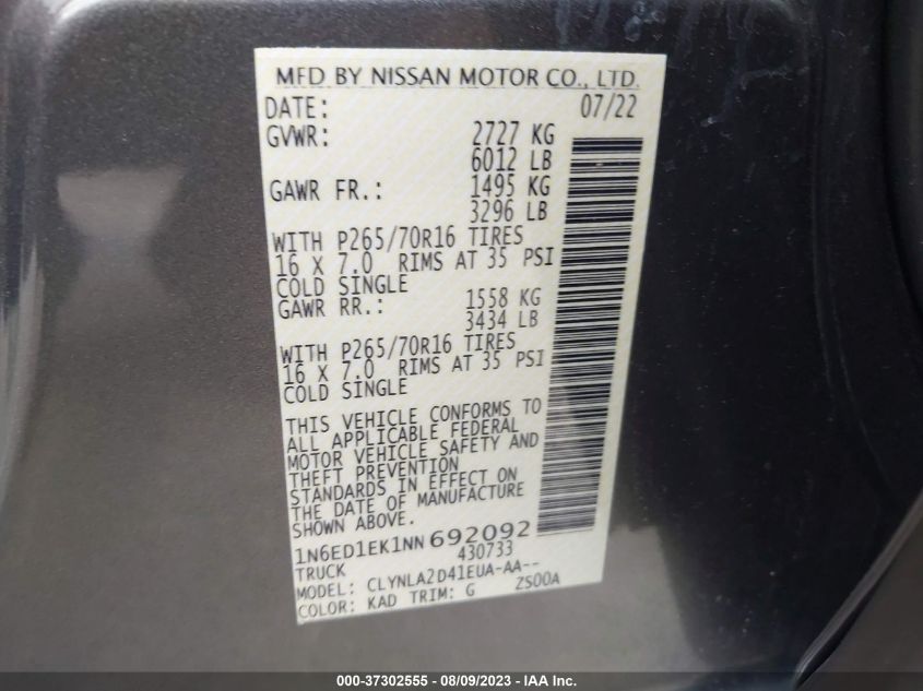 2022 NISSAN FRONTIER S - 1N6ED1EK1NN692092