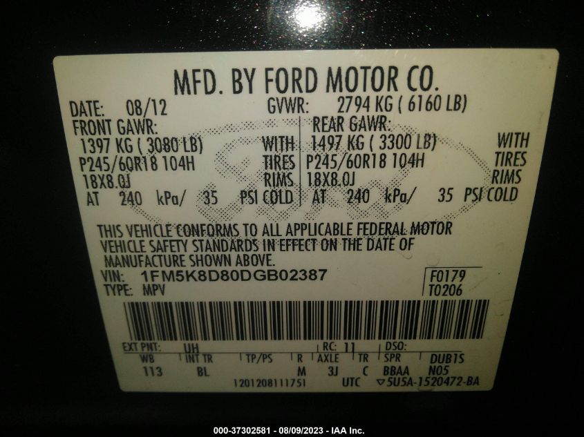 2013 FORD EXPLORER XLT - 1FM5K8D80DGB02387
