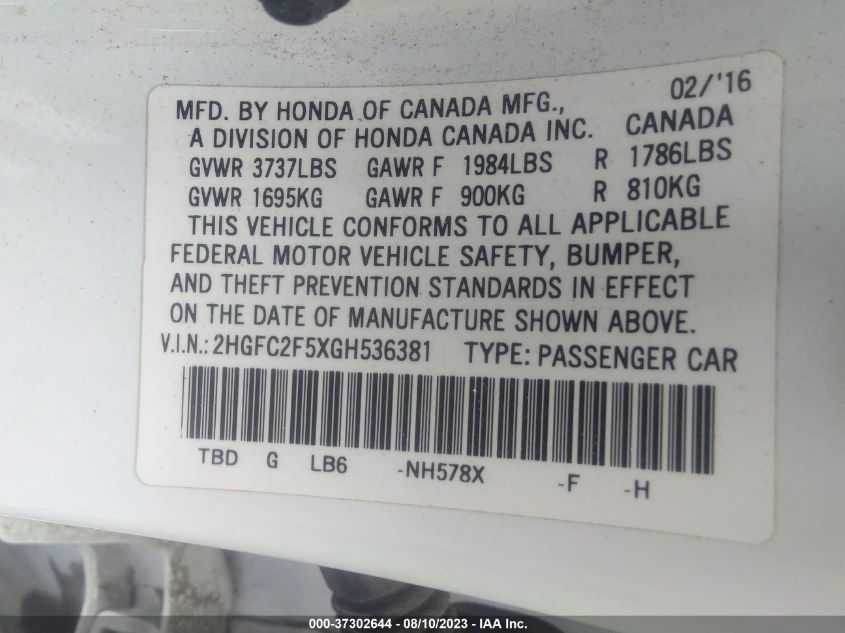 2016 HONDA CIVIC SEDAN LX - 2HGFC2F5XGH536381