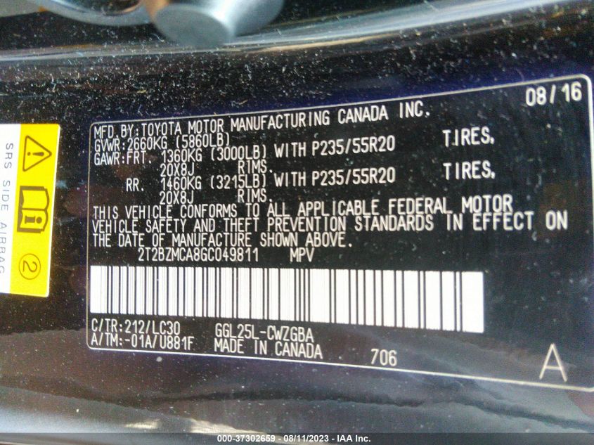 2016 LEXUS RX 350 - 2T2BZMCA8GC049811